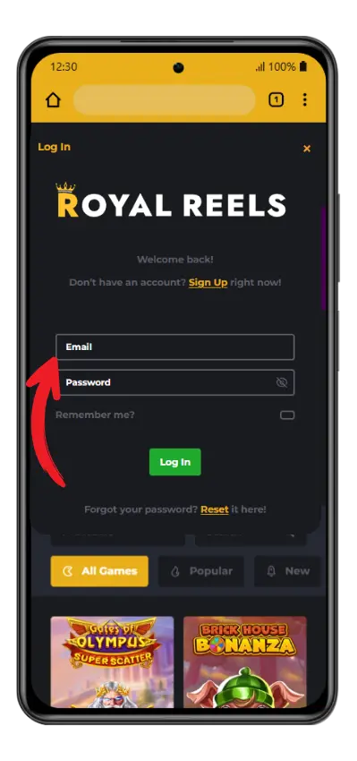 Entering personal data Royal Reels online casino login