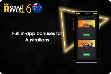 Royal Reels 16 in-app bonuses for Australians on phone screen.