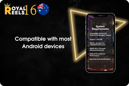 Royal Reels 16 Android compatibility on phone screen with 18+ warning.
