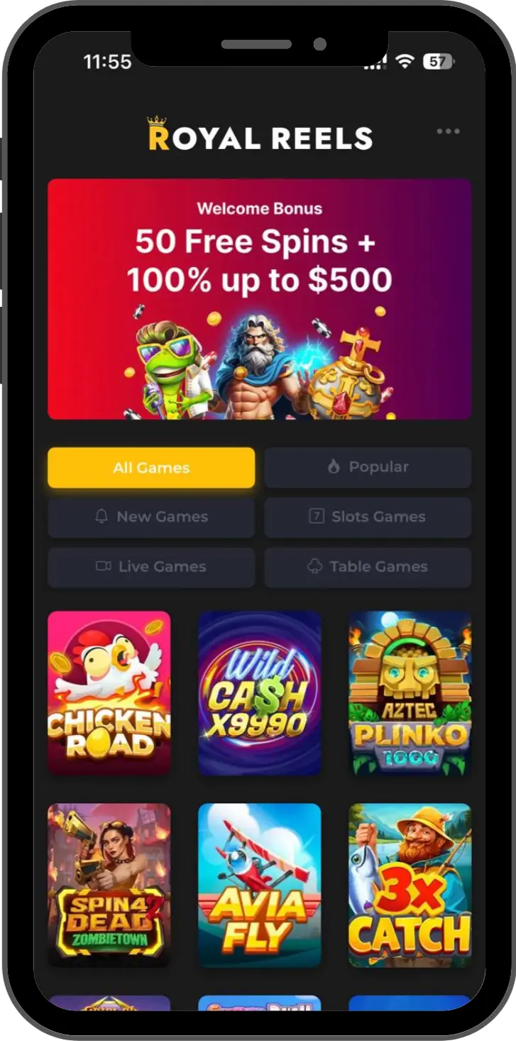 Royal Reels mobile app screenshot: welcome bonus 50 FS + 100% up to $500, game categories, slots grid with Chicken Road, Wild Cash, Aztec Plinko, Spin4Dead, Avia Fly, 3x Catch.