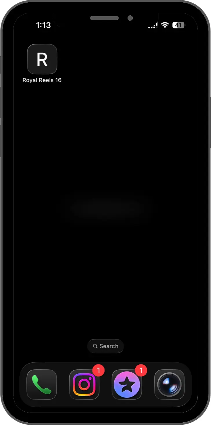 home screen with Royal Reels 16 app icon: black background, white "R" in rounded square, app name "Royal Reels 16" below, dark mode dock with notification badges on Instagram and another app.