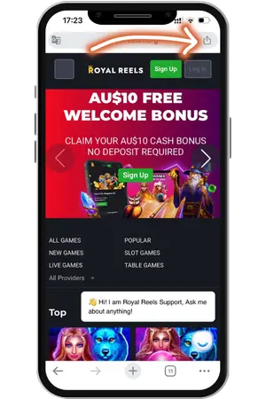 Royal Reels App Safari share on iPhone