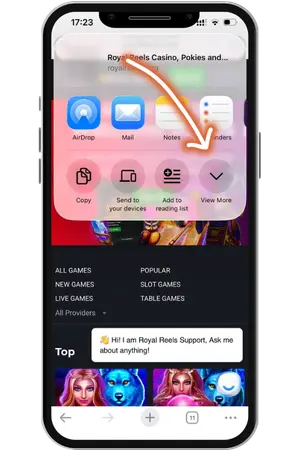 Royal Reels App share menu scroll iPhone